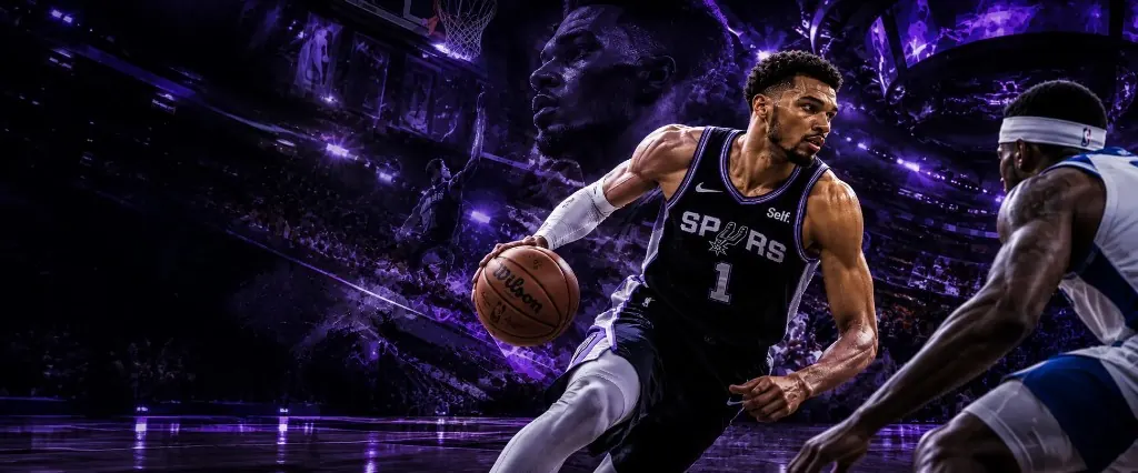 Victor Wembanyama driving past a defender in a purple-lit Spurs arena, hero banner.
